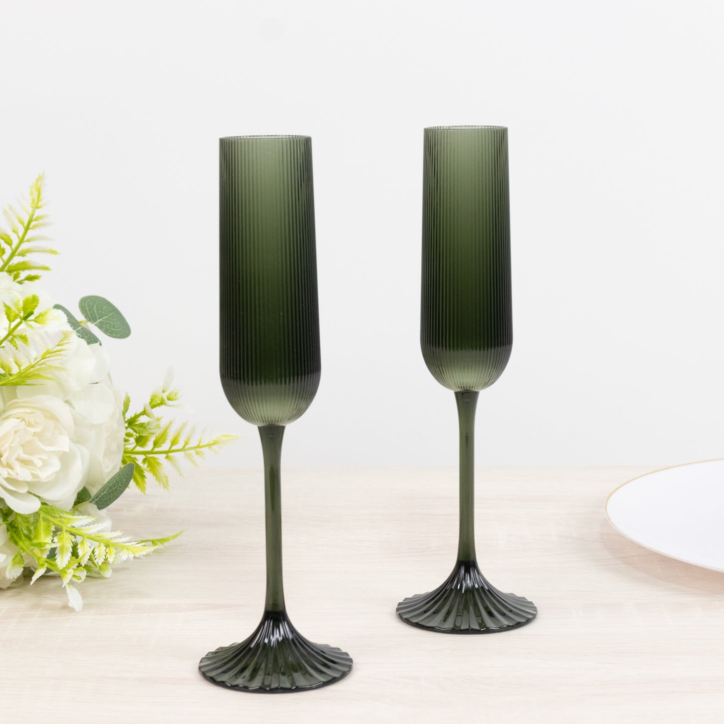 12 Pack 4oz Vintage Ribbed Champagne Flutes Hunter Emerald Green – Disposable Plastic Toasting Glass