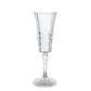 Clear reusable champagne flute with embossed leaf pattern.