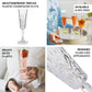 Clear shatterproof plastic champagne flutes with embossed leaf pattern.