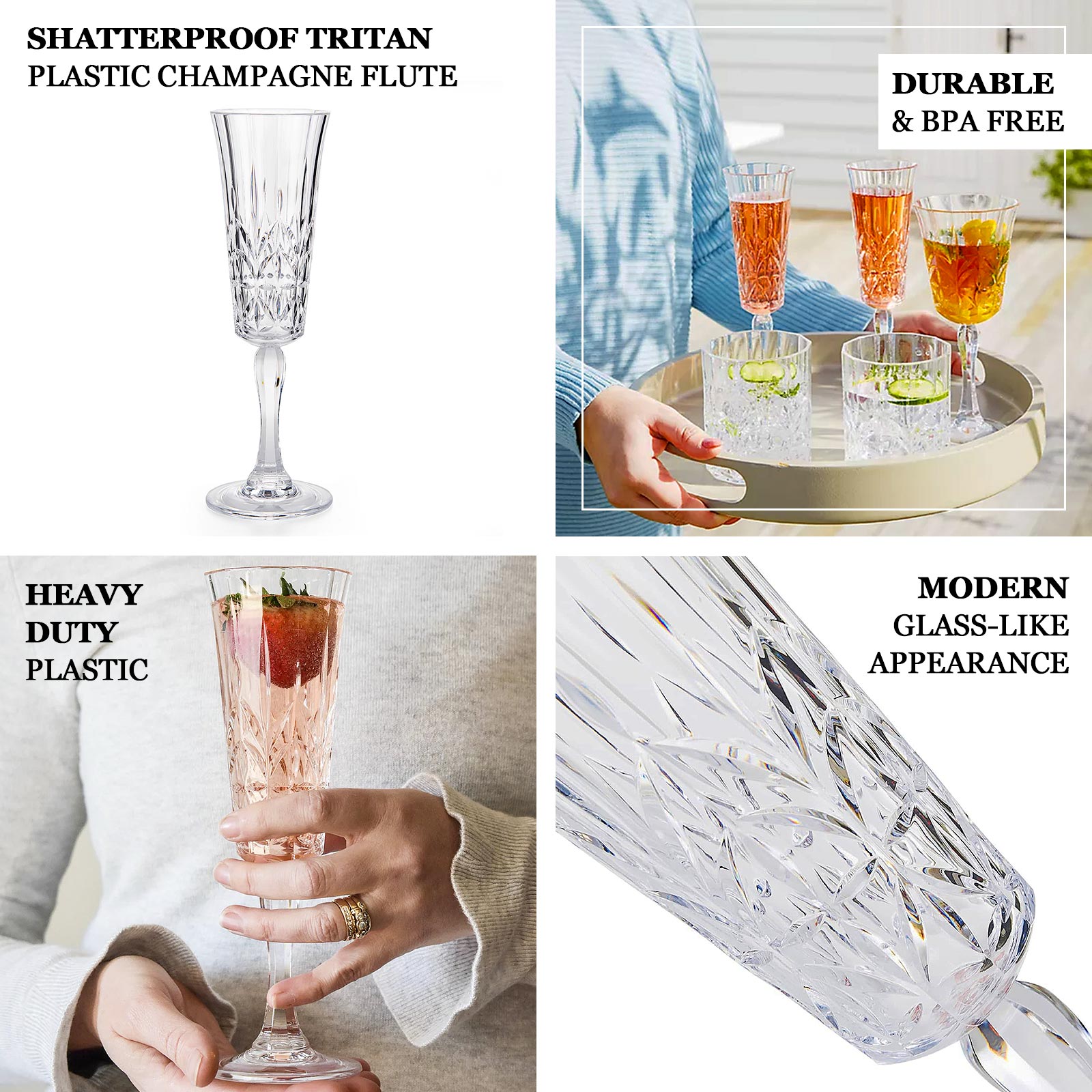 Clear shatterproof plastic champagne flutes with embossed leaf pattern.