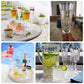 Clear shatterproof plastic champagne flutes with embossed leaf pattern.