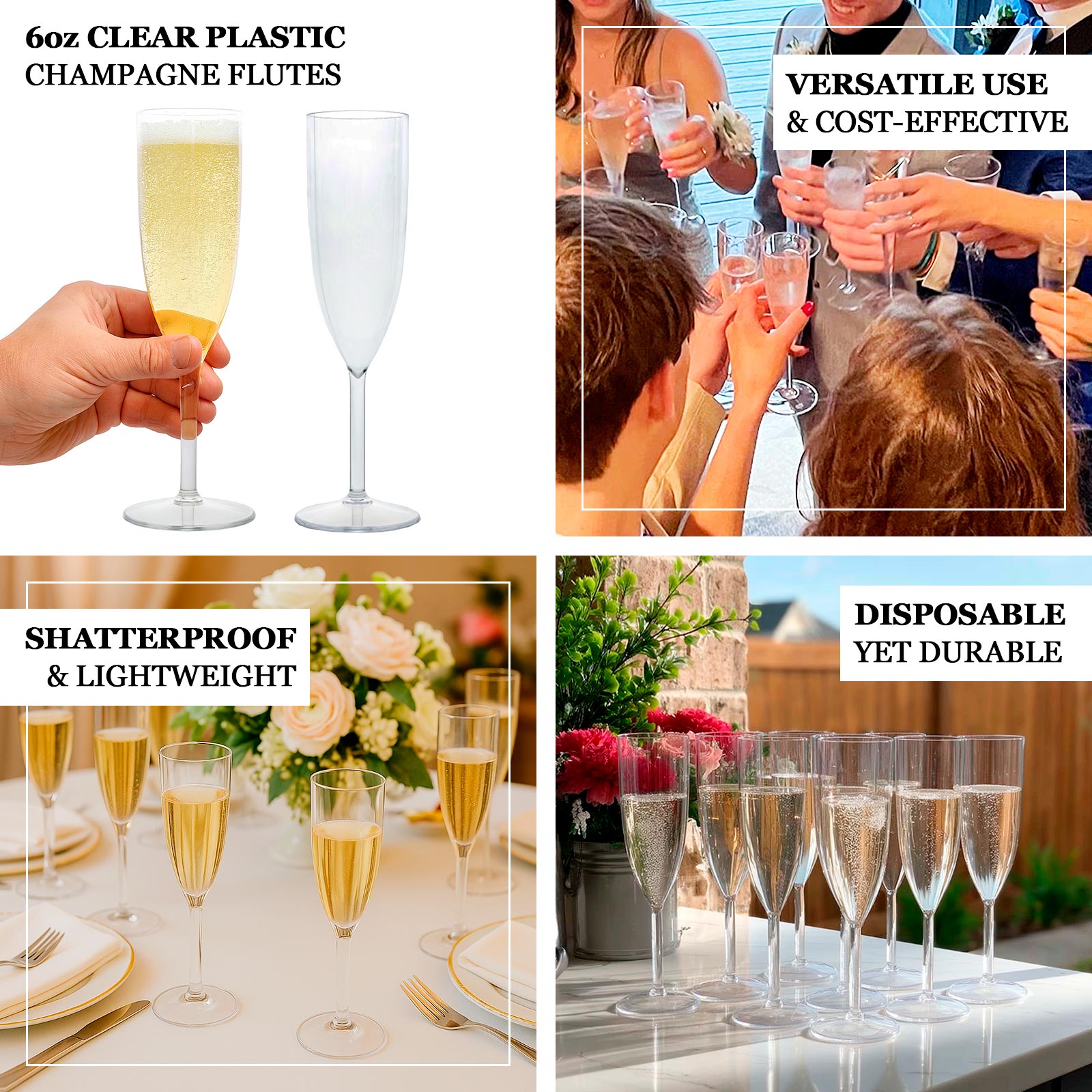 Shatterproof Champagne Flutes – 12 Reusable 6oz Clear Plastic Toasting Glasses