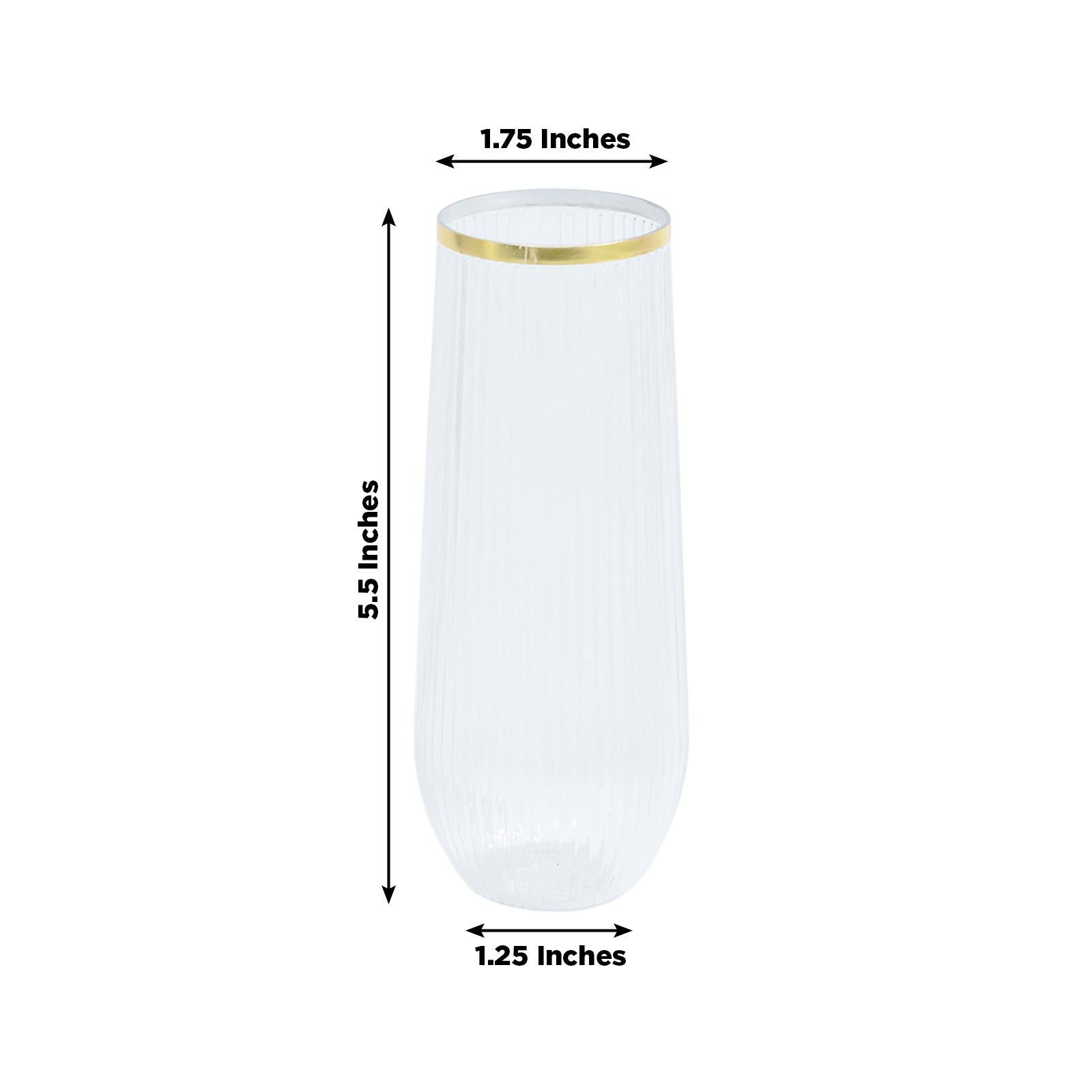 Clear ribbed plastic champagne flute with gold rim. Reusable and lightweight.