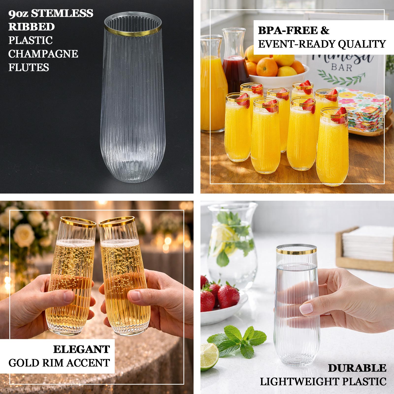 Clear plastic champagne flutes with gold rim, ribbed design, and reusable quality.