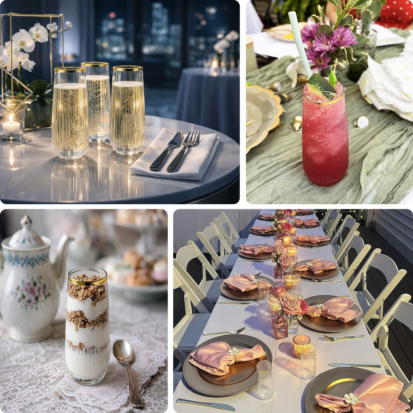 Clear stemless champagne flutes with gold rim on a table setting.