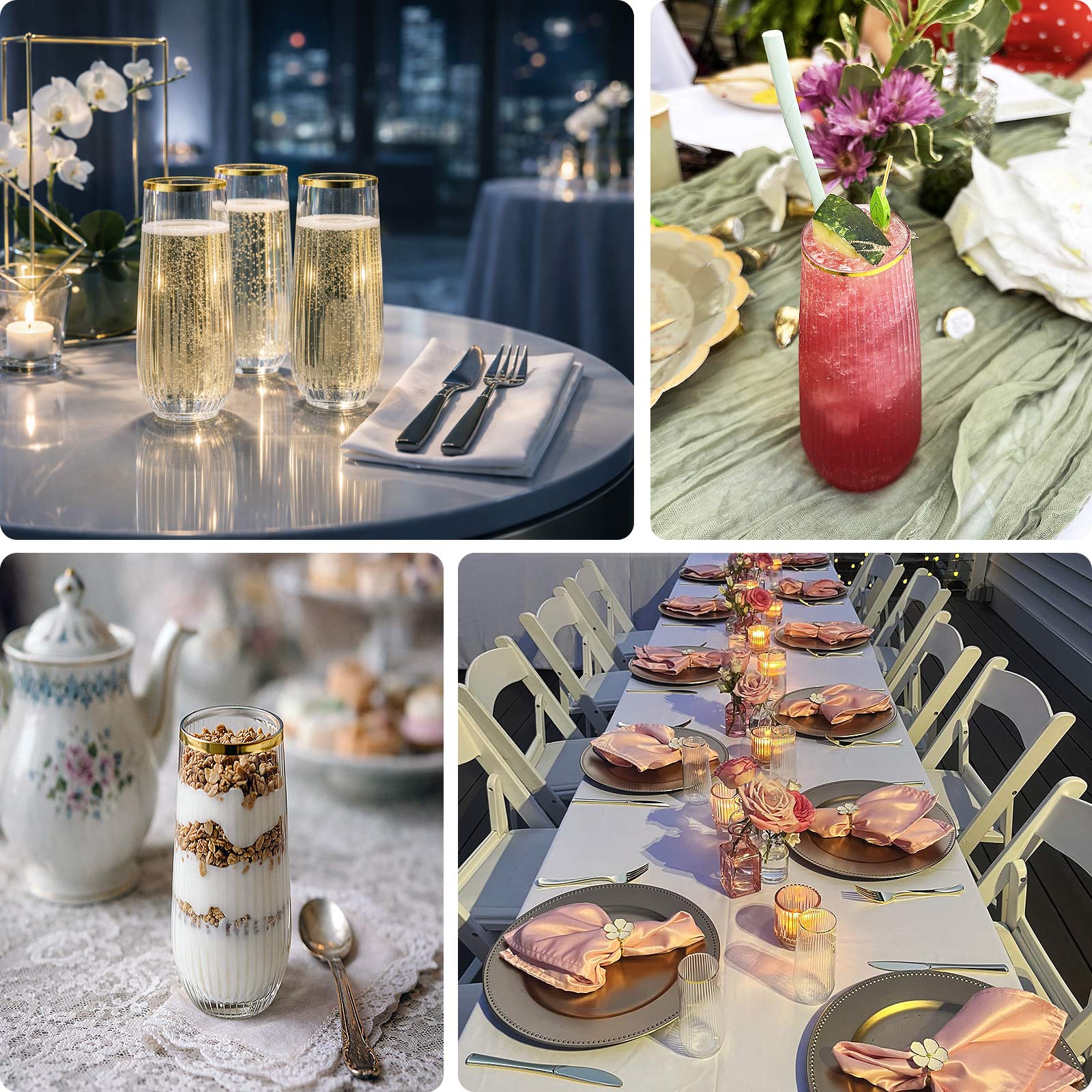 Clear stemless champagne flutes with gold rim on a table setting.
