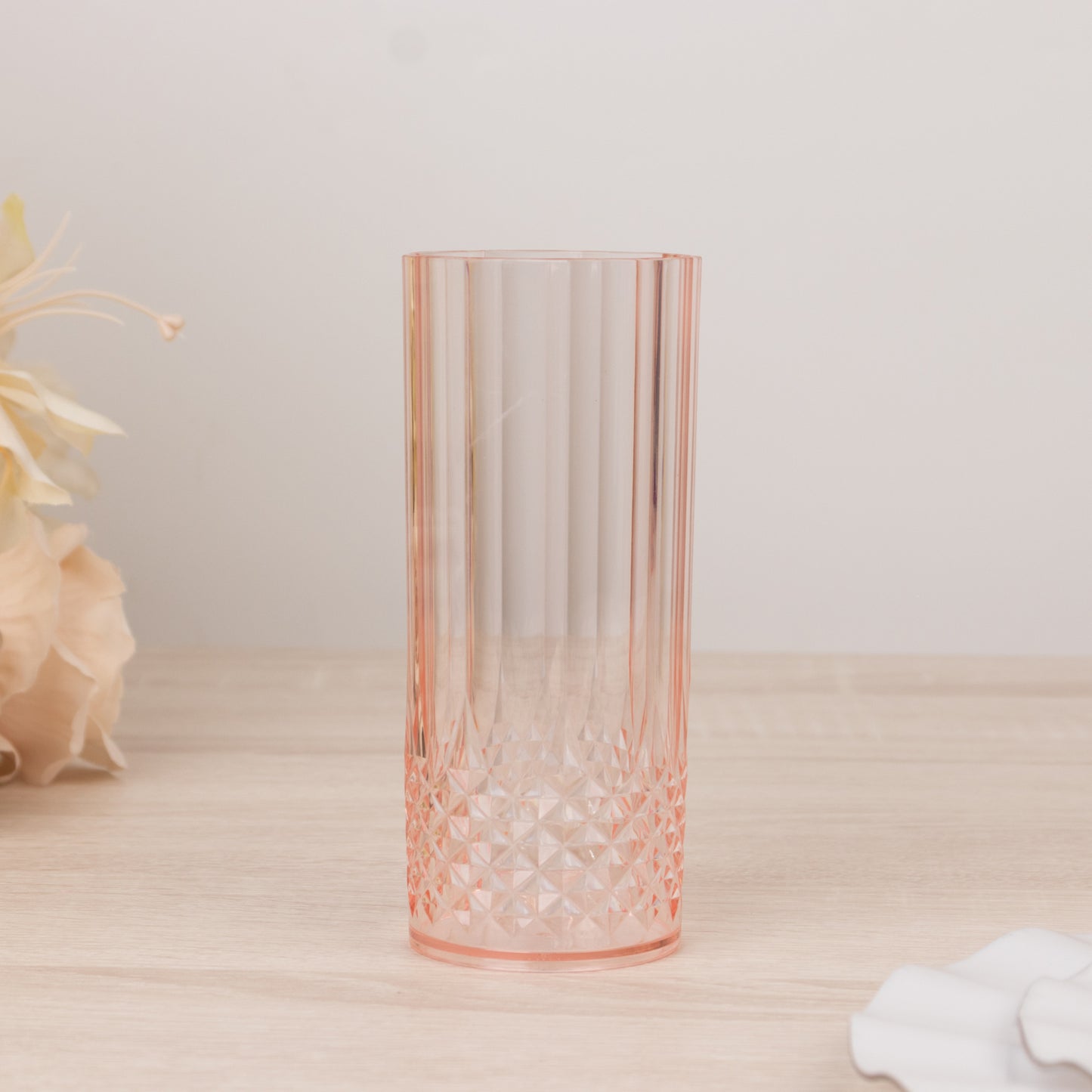 6 Pack 14oz Transparent Blush Crystal Cut Reusable Plastic Cocktail Tumbler Cups, Shatterproof Tall Highball Drink Glasses