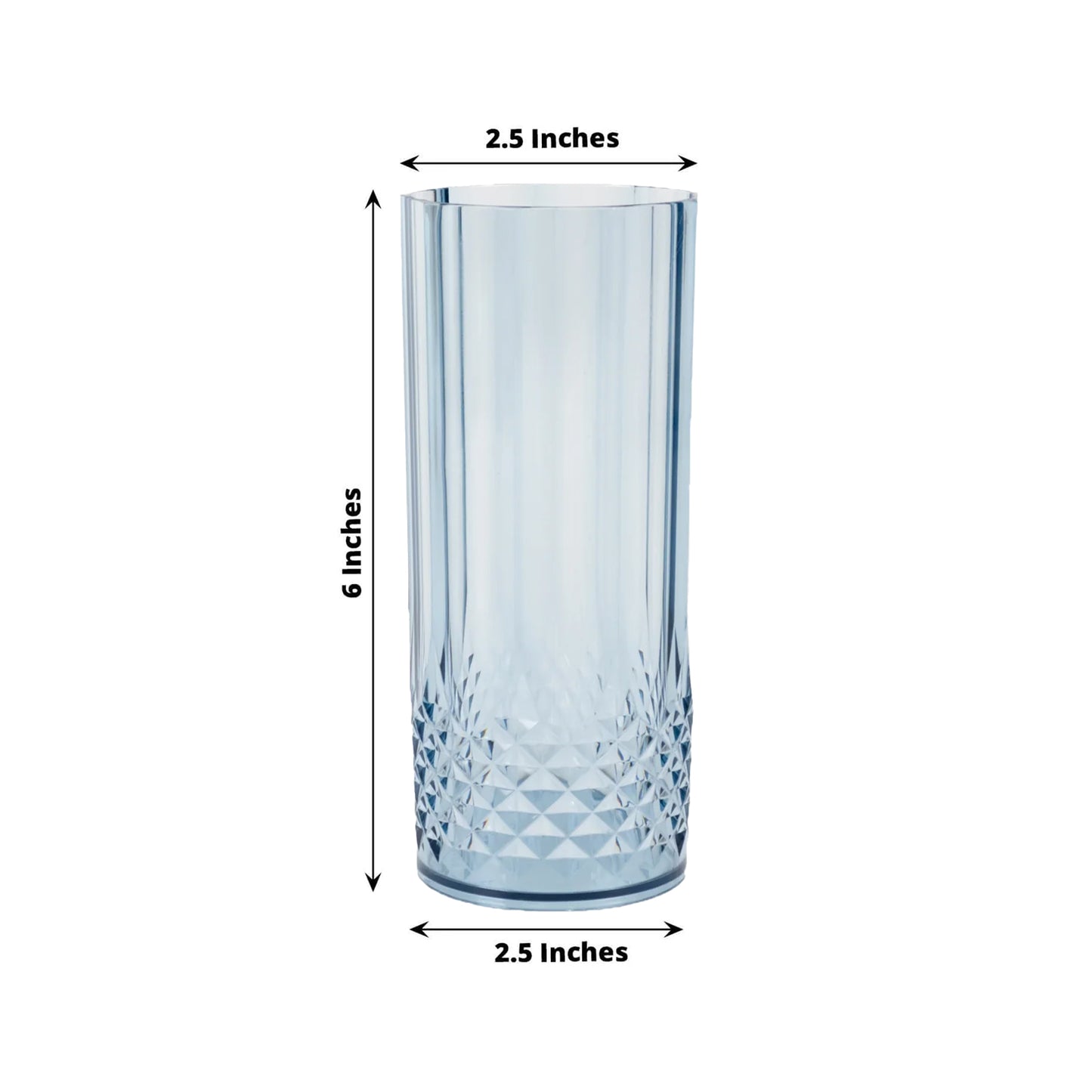 6 Pack 14oz Dusty Blue Crystal Cut Reusable Plastic Cocktail Tumbler Cups, Shatterproof Tall Highball Drink Glasses