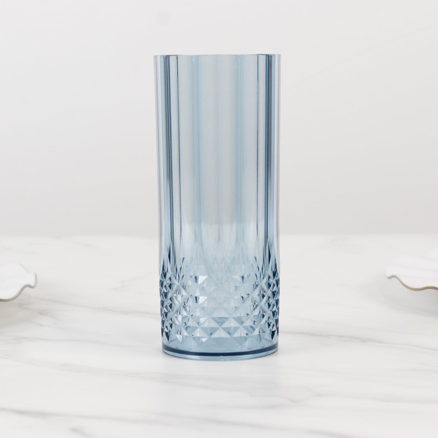 6 Pack 14oz Dusty Blue Crystal Cut Reusable Plastic Cocktail Tumbler Cups, Shatterproof Tall Highball Drink Glasses