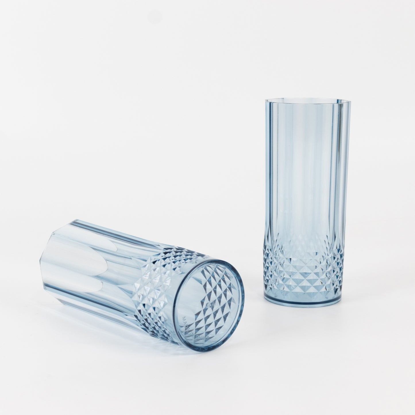 6 Pack 14oz Dusty Blue Crystal Cut Reusable Plastic Cocktail Tumbler Cups, Shatterproof Tall Highball Drink Glasses