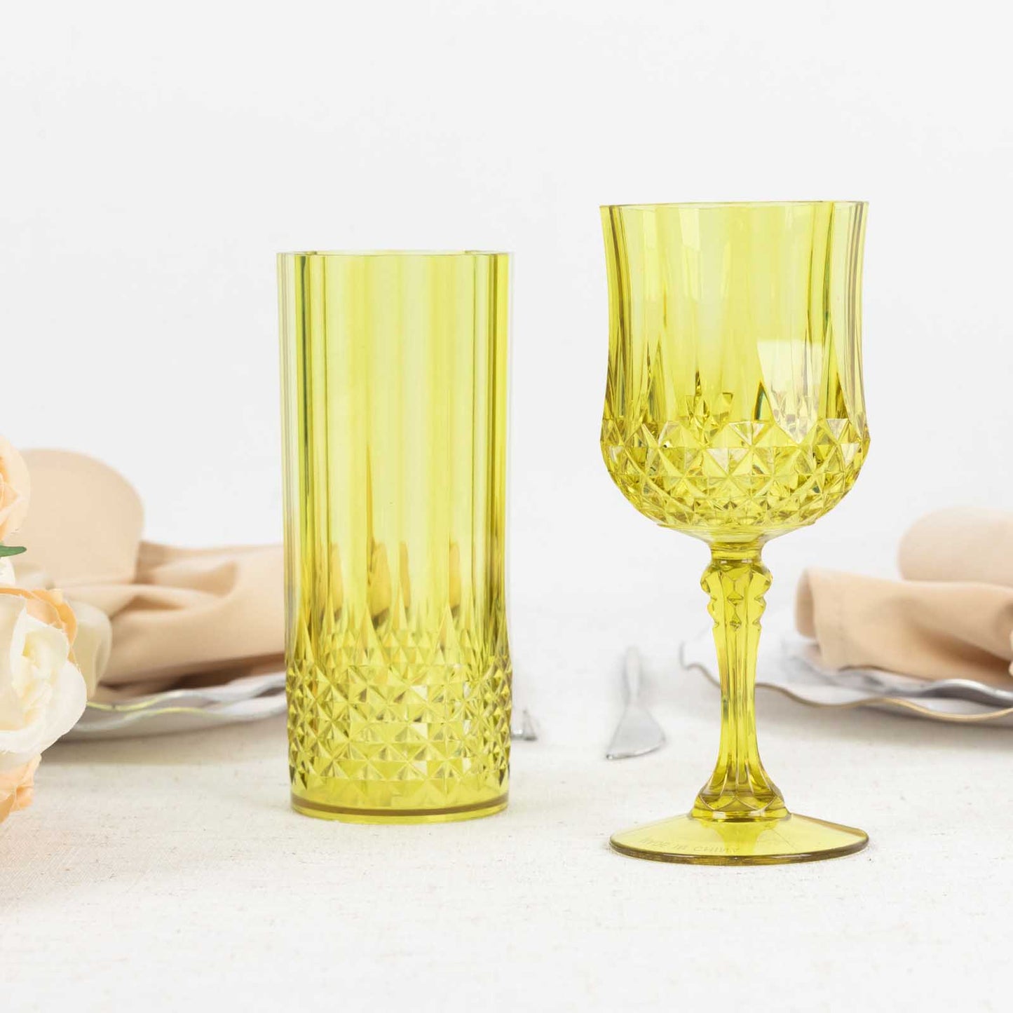 6 Pack 14oz Green Crystal Cut Reusable Plastic Cocktail Tumbler Cups, Shatterproof Tall Highball Drink Glasses