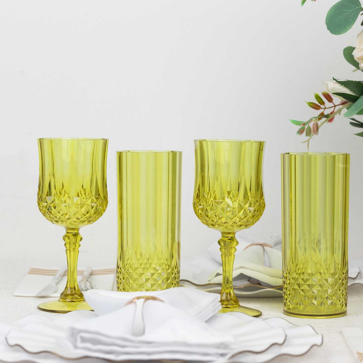 6 Pack 14oz Green Crystal Cut Reusable Plastic Cocktail Tumbler Cups, Shatterproof Tall Highball Drink Glasses