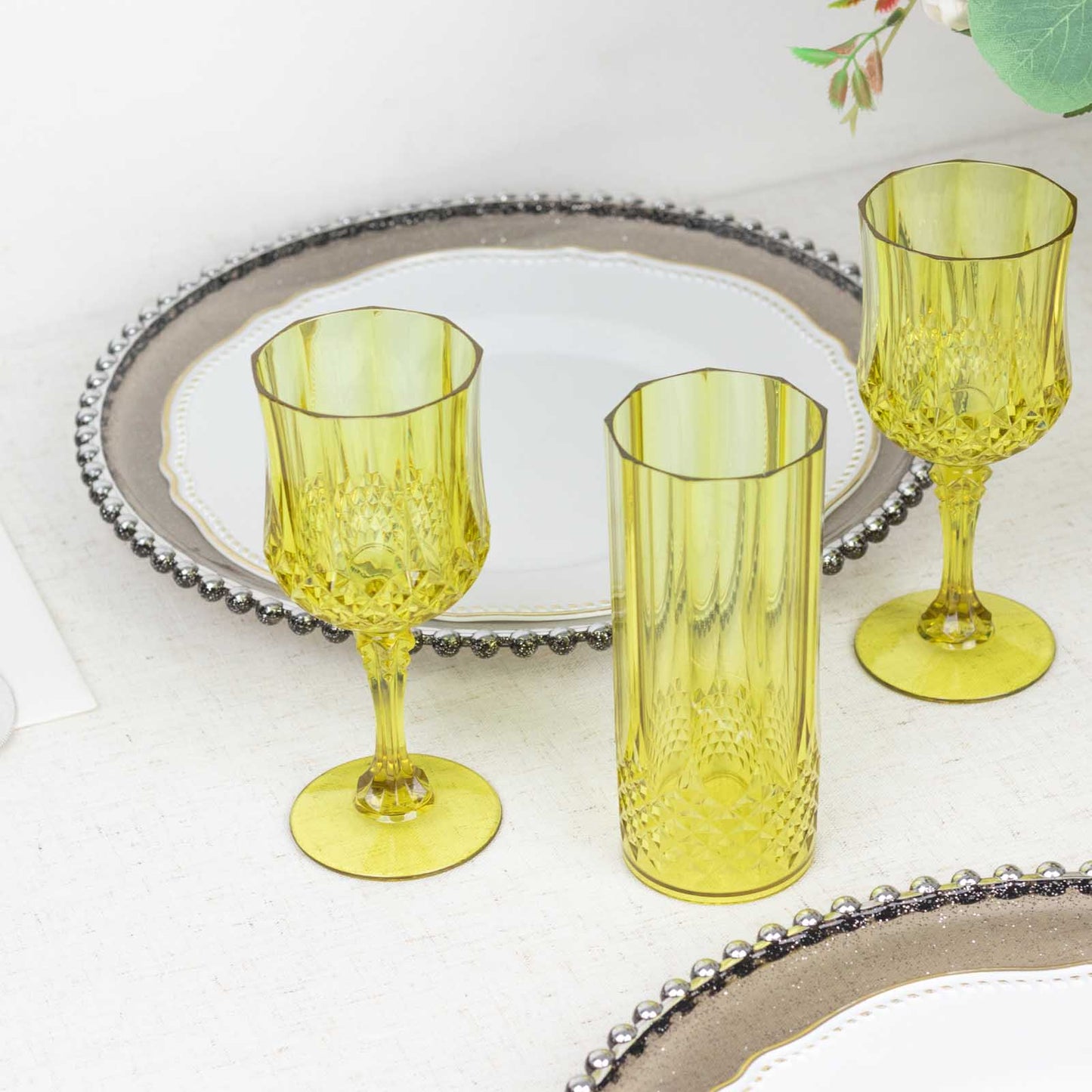 6 Pack 14oz Green Crystal Cut Reusable Plastic Cocktail Tumbler Cups, Shatterproof Tall Highball Drink Glasses