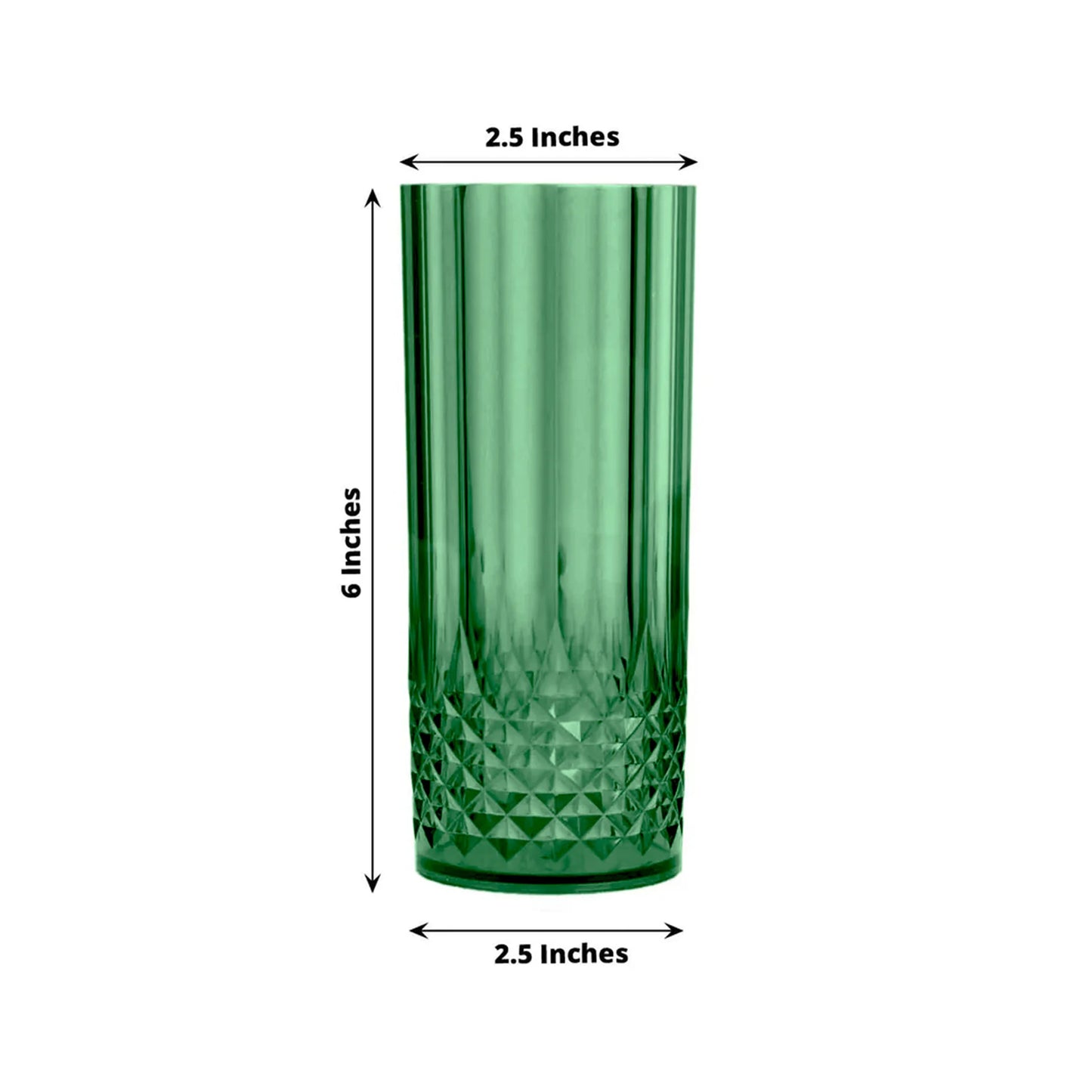 6 Pack 14oz Hunter Emerald Green Crystal Cut Reusable Plastic Cocktail Tumbler Cups, Shatterproof Tall Highball Drink Glasses