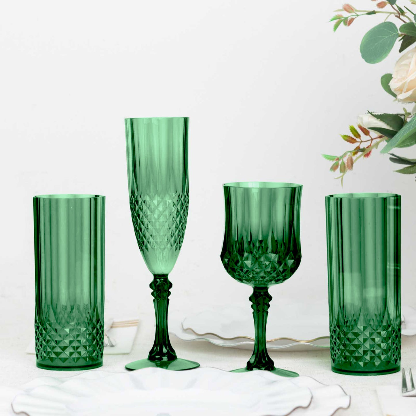 6 Pack 14oz Hunter Emerald Green Crystal Cut Reusable Plastic Cocktail Tumbler Cups, Shatterproof Tall Highball Drink Glasses