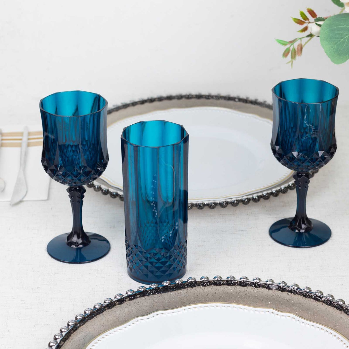 6 Pack 14oz Navy Blue Crystal Cut Reusable Plastic Cocktail Tumbler Cups, Shatterproof Tall Highball Drink Glasses