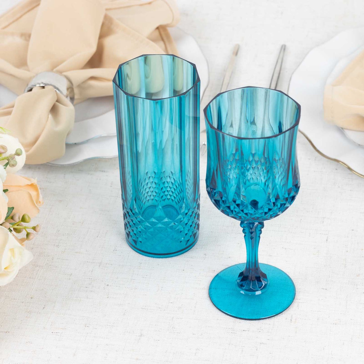 6 Pack 14oz Ocean Blue Crystal Cut Reusable Plastic Cocktail Tumbler Cups, Shatterproof Tall Highball Drink Glasses