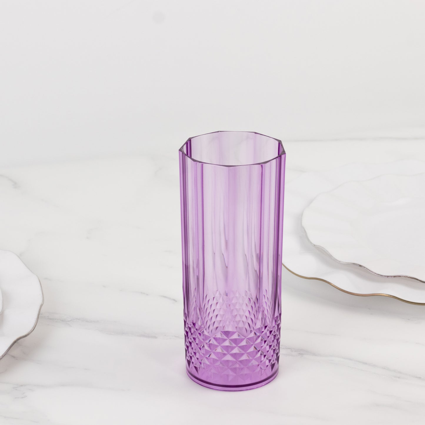 6 Pack 14oz Purple Crystal Cut Reusable Plastic Cocktail Tumbler Cups, Shatterproof Tall Highball Drink Glasses