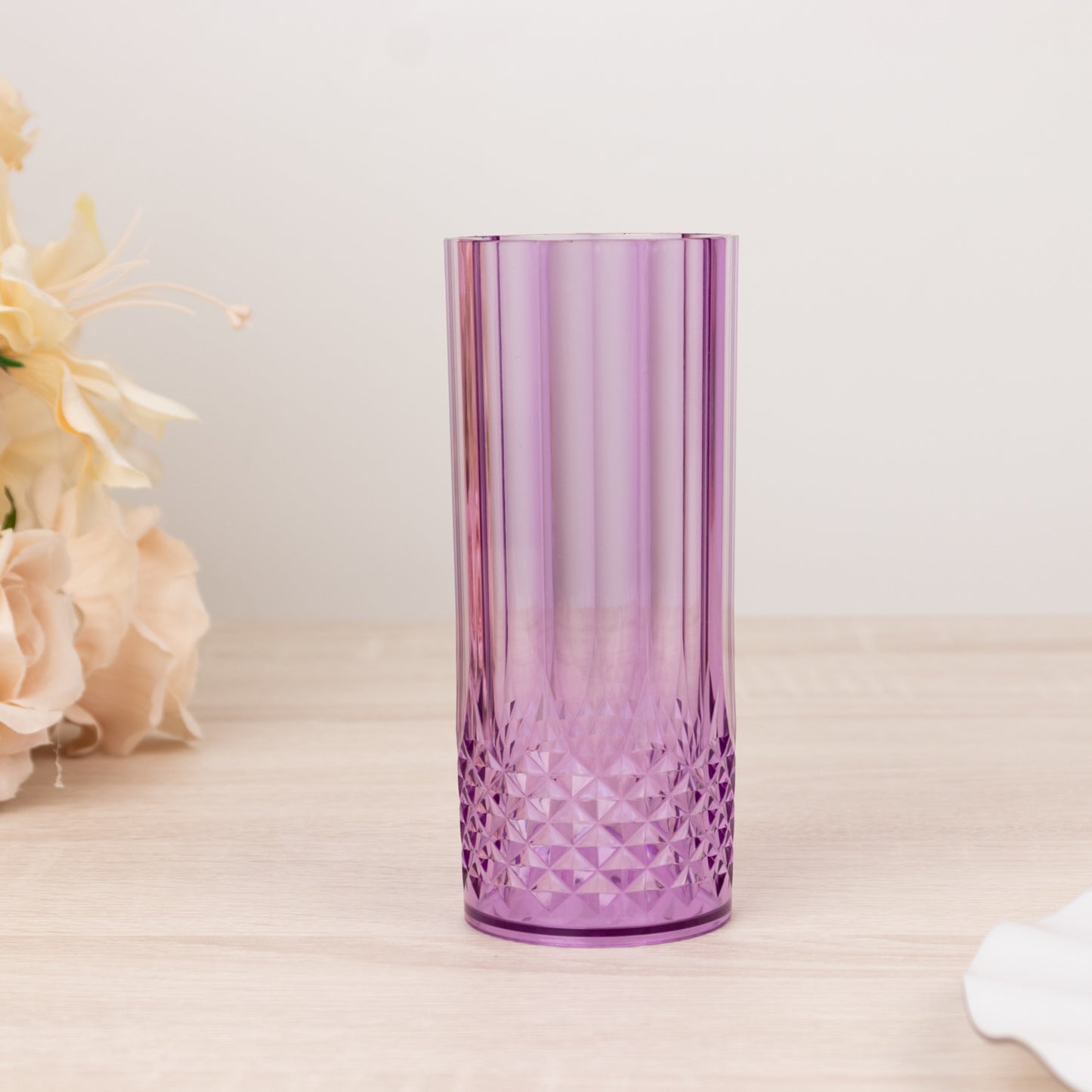 6 Pack 14oz Purple Crystal Cut Reusable Plastic Cocktail Tumbler Cups, Shatterproof Tall Highball Drink Glasses