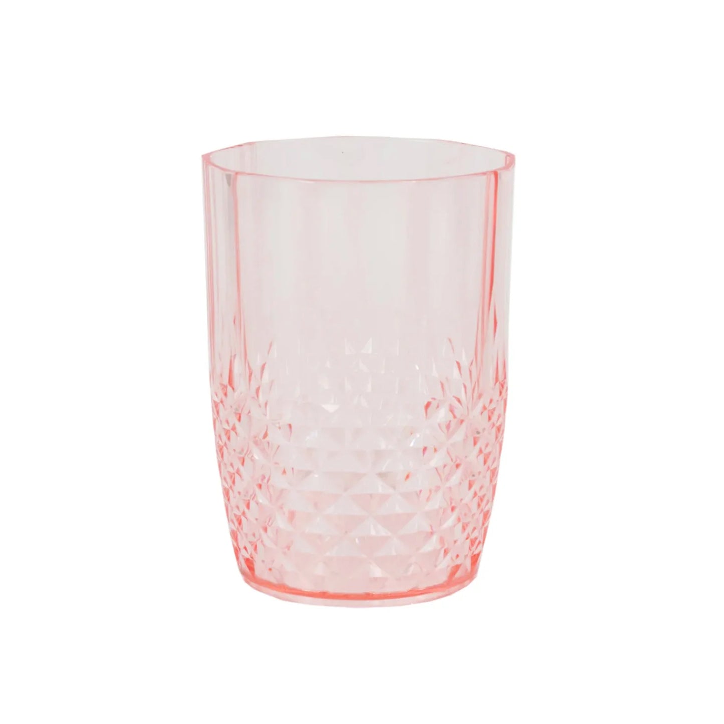 Transparent blush reusable plastic tumbler glass in crystal cut style.