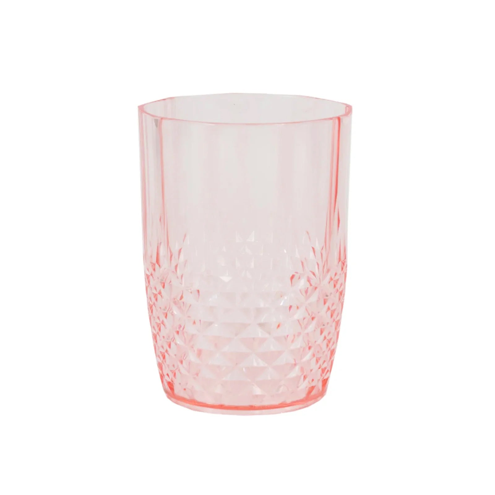 Transparent blush reusable plastic tumbler glass in crystal cut style.