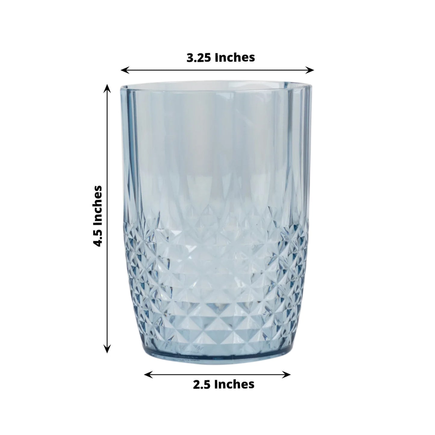 Dusty blue reusable plastic tumbler glass in crystal cut style.