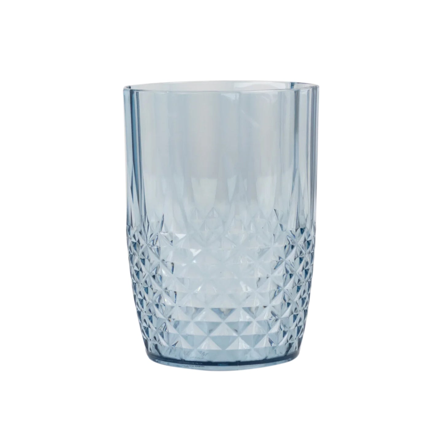 Dusty blue reusable plastic tumbler glass in crystal cut style, 16oz shatterproof cup.