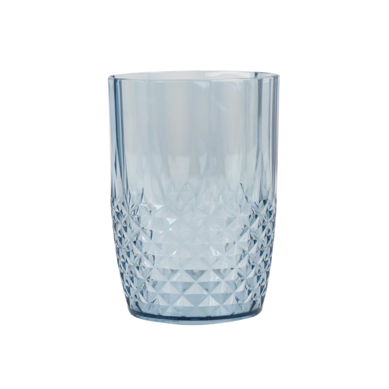 Dusty blue reusable plastic tumbler glass in crystal cut style, 16oz shatterproof cup.