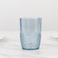 Dusty blue reusable plastic tumbler glass in crystal cut style.