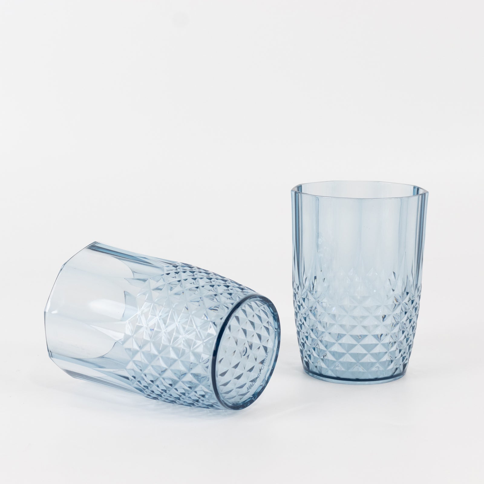 Dusty blue crystal cut reusable plastic tumbler glasses, 16oz, shatterproof.
