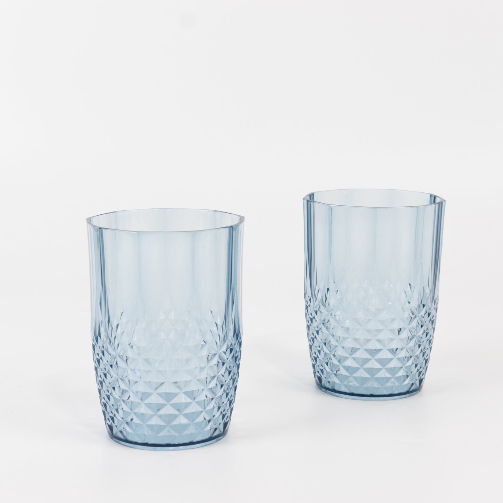 Dusty blue reusable plastic tumbler glasses, 16oz, shatterproof, crystal cut style.