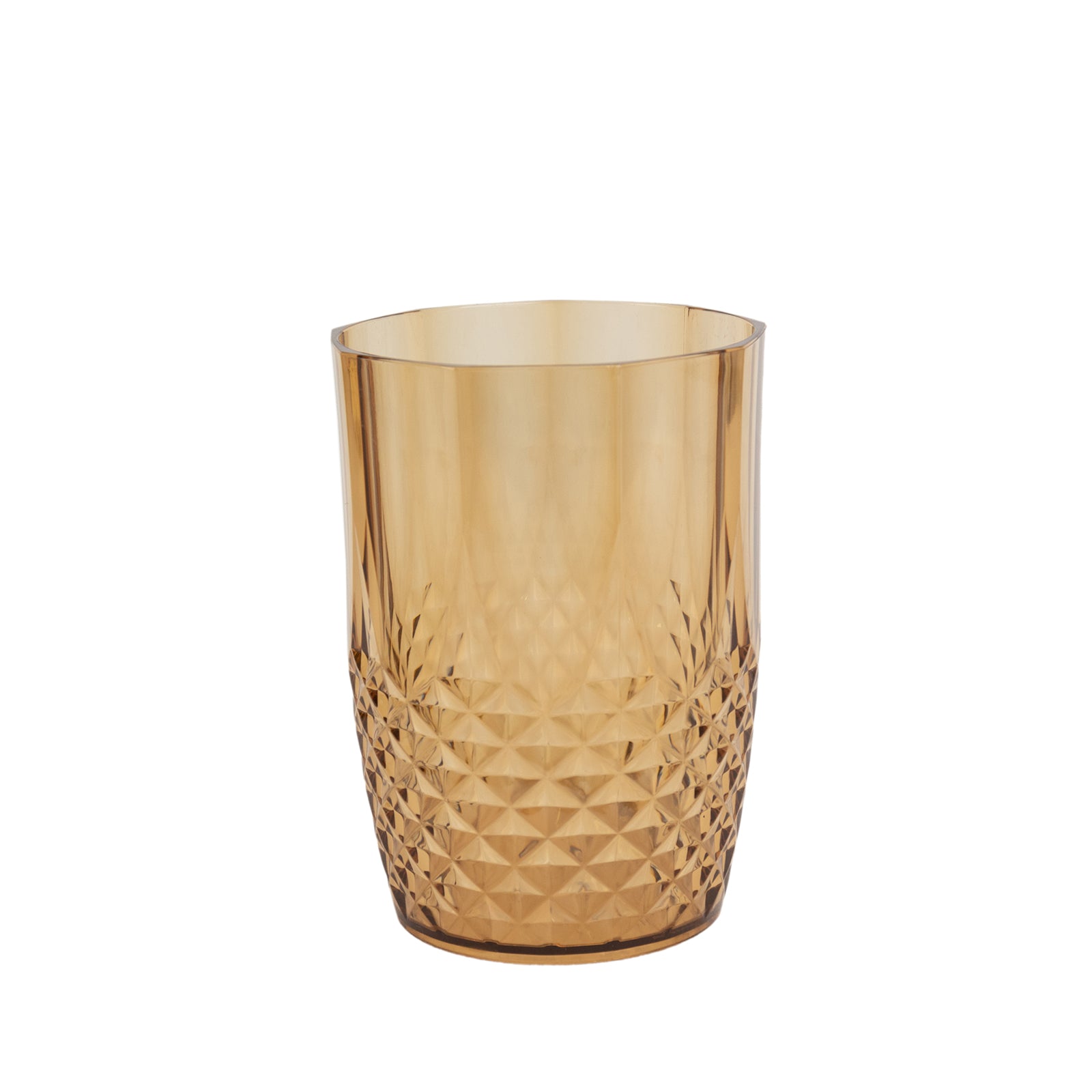 Amber gold reusable plastic tumbler glass in crystal cut style, 16oz.
