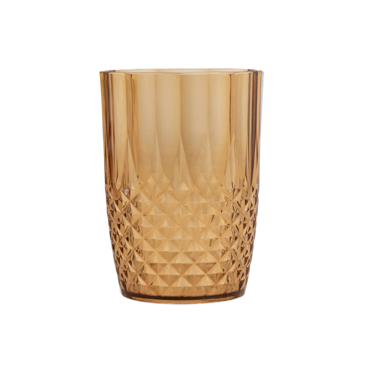 Amber gold reusable plastic tumbler glass in crystal cut style. #whtbkgd