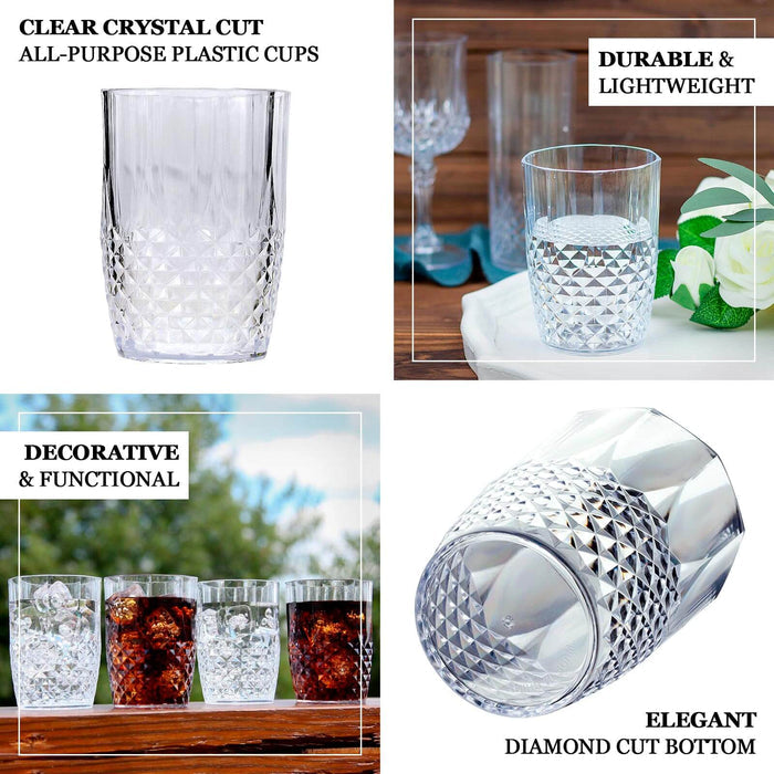 Clear crystal cut reusable plastic tumbler glasses, shatterproof and elegant.