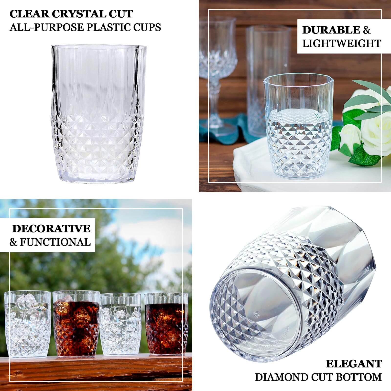 Transparent crystal cut reusable plastic tumblers, 16oz shatterproof all-purpose cups.
