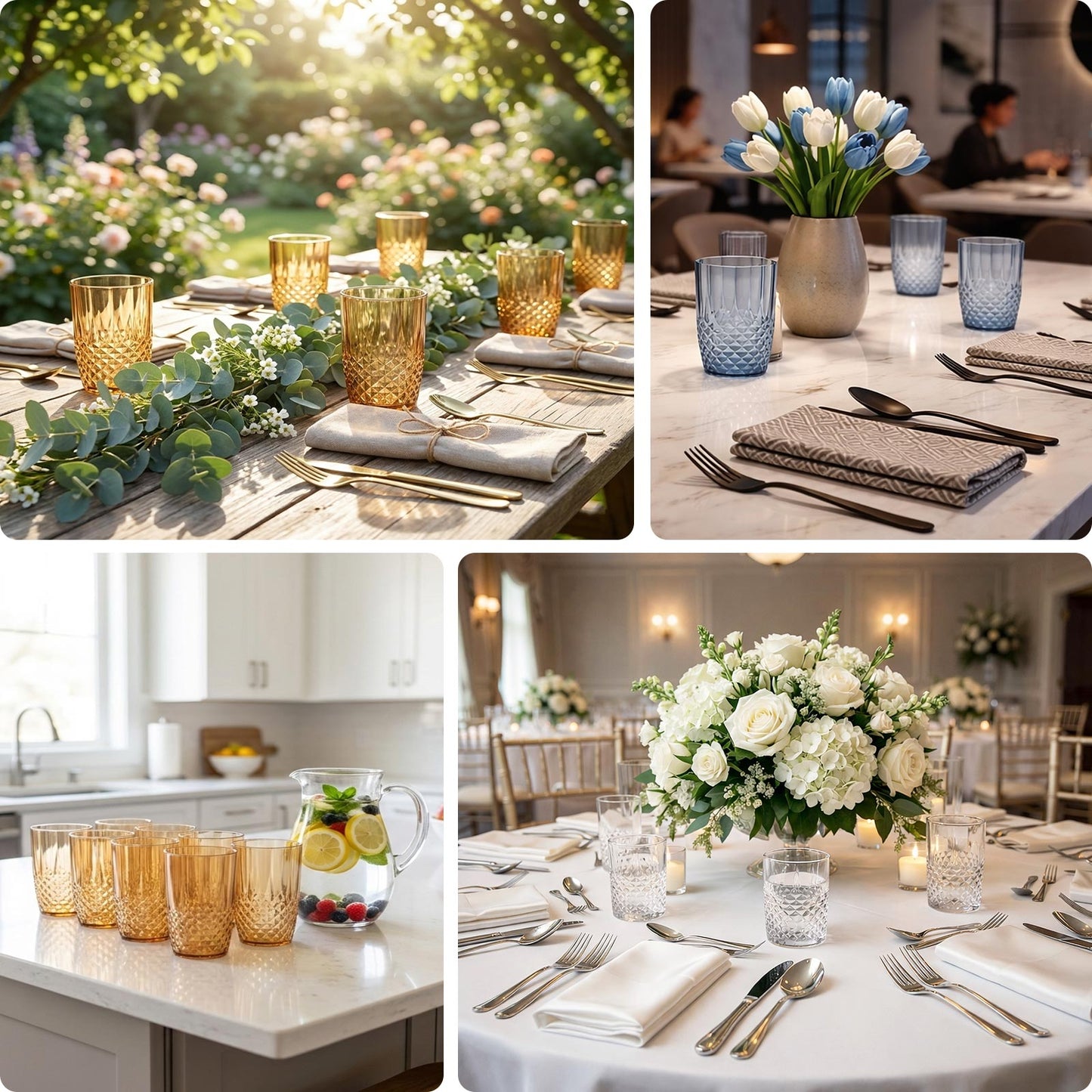 Clear crystal cut reusable plastic tumblers on a table setting.