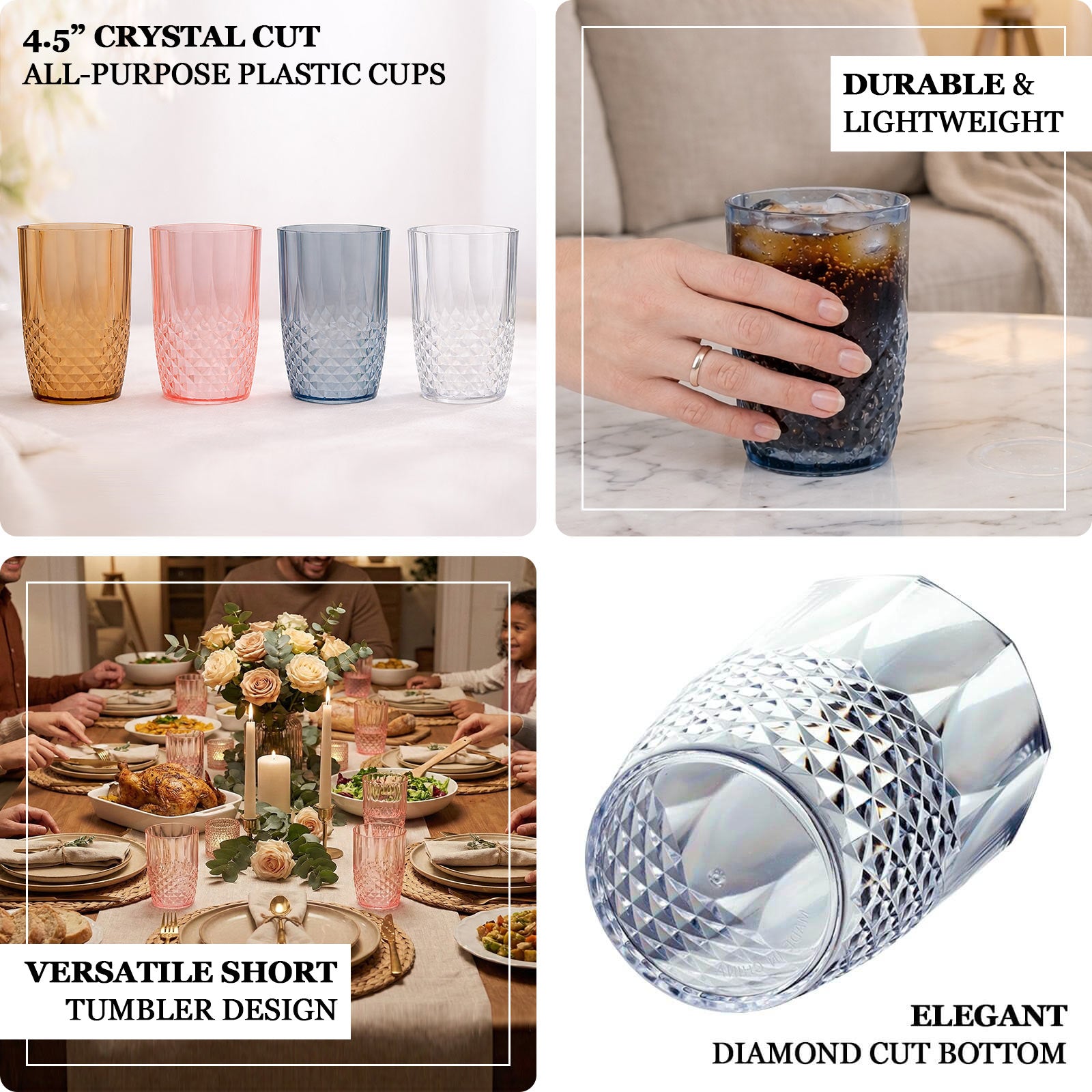 Dusty blue reusable plastic tumbler glasses in crystal cut style, 16oz.