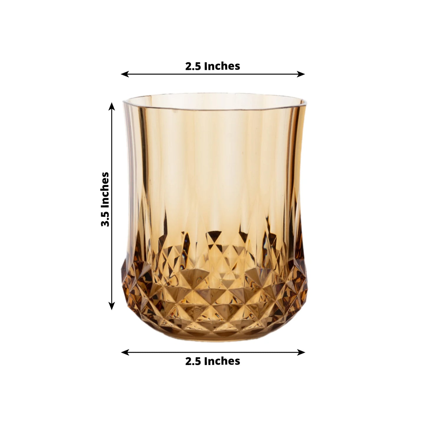 Amber gold stemless wine glass, shatterproof, 8oz, crystal cut design.
