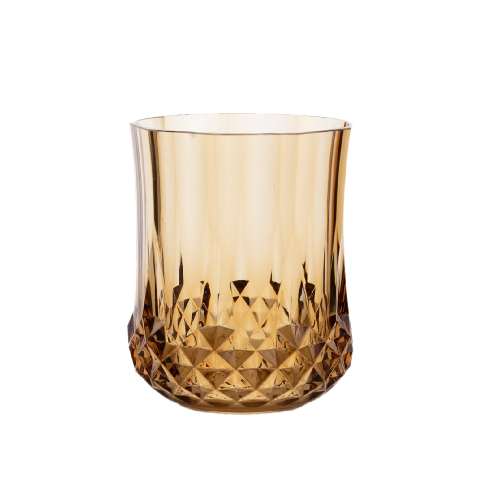 Amber gold stemless wine glass, shatterproof, 8oz, crystal cut design.