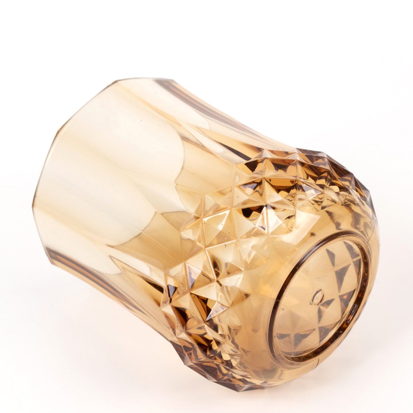 Amber gold crystal cut stemless wine glass, shatterproof and reusable.