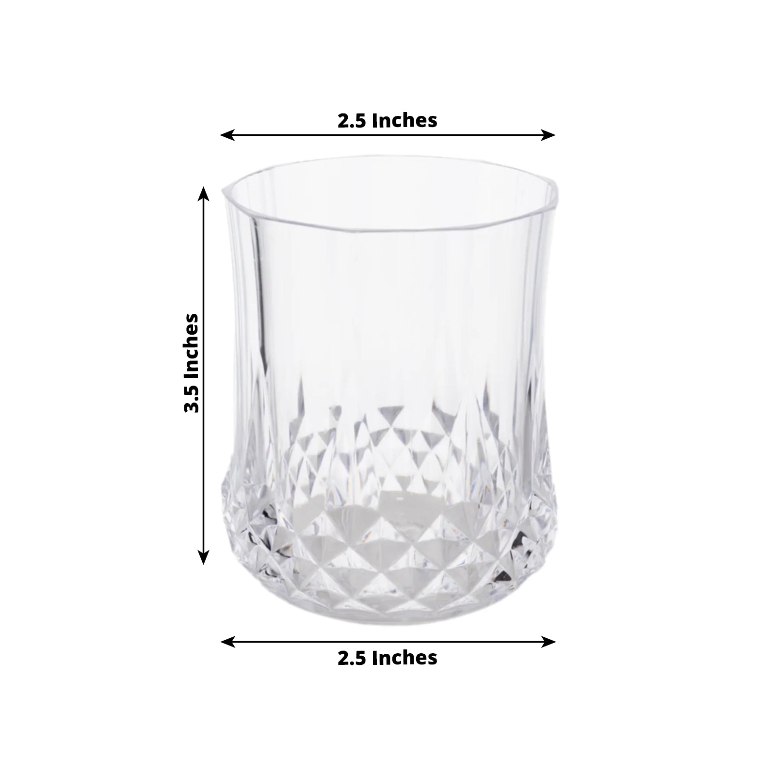 Clear crystal cut plastic stemless wine glass, shatterproof and reusable.