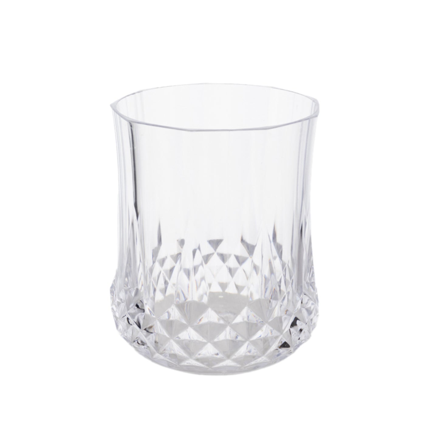 Clear crystal cut plastic stemless wine glass, shatterproof and reusable.