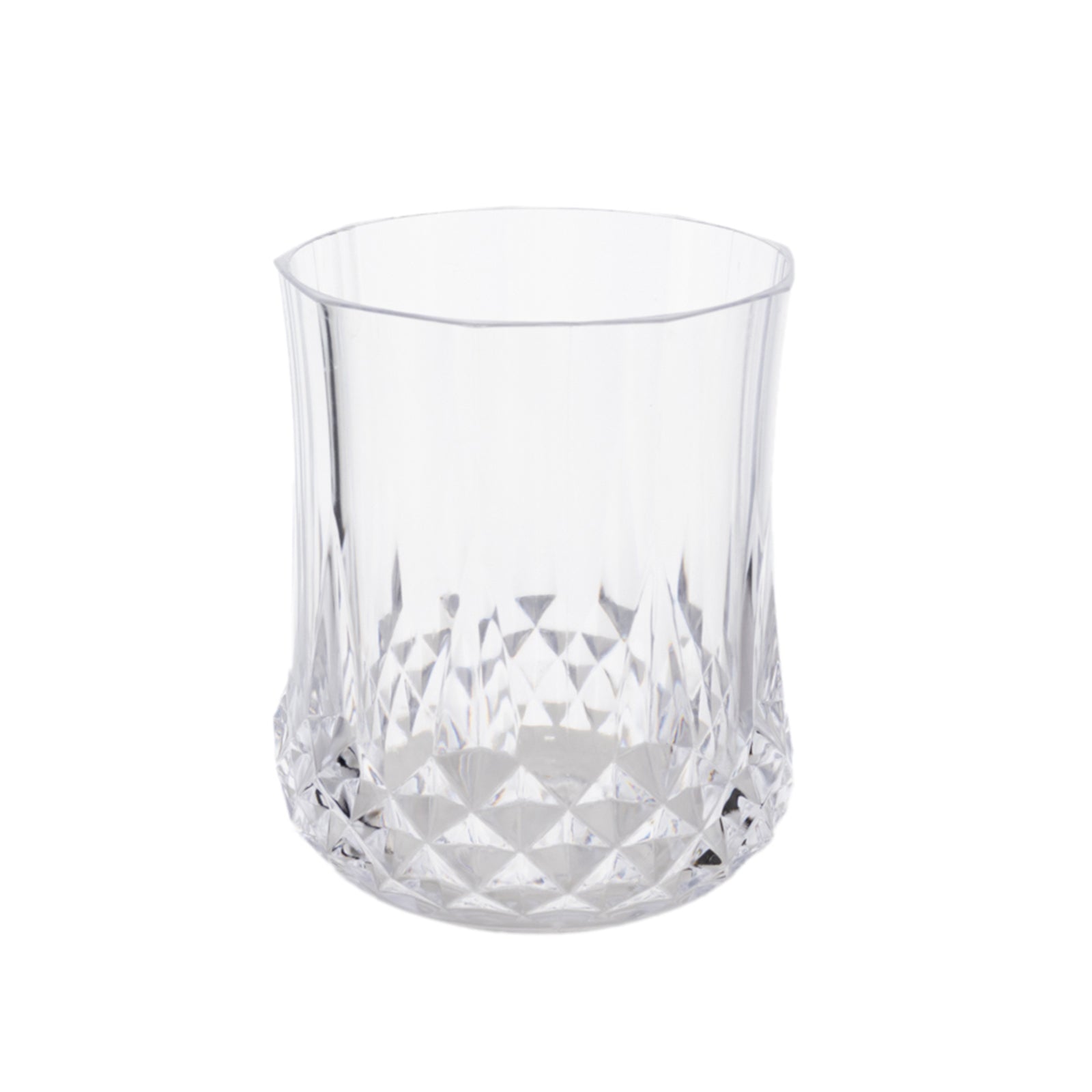 Clear crystal cut plastic stemless wine glass, shatterproof and reusable.