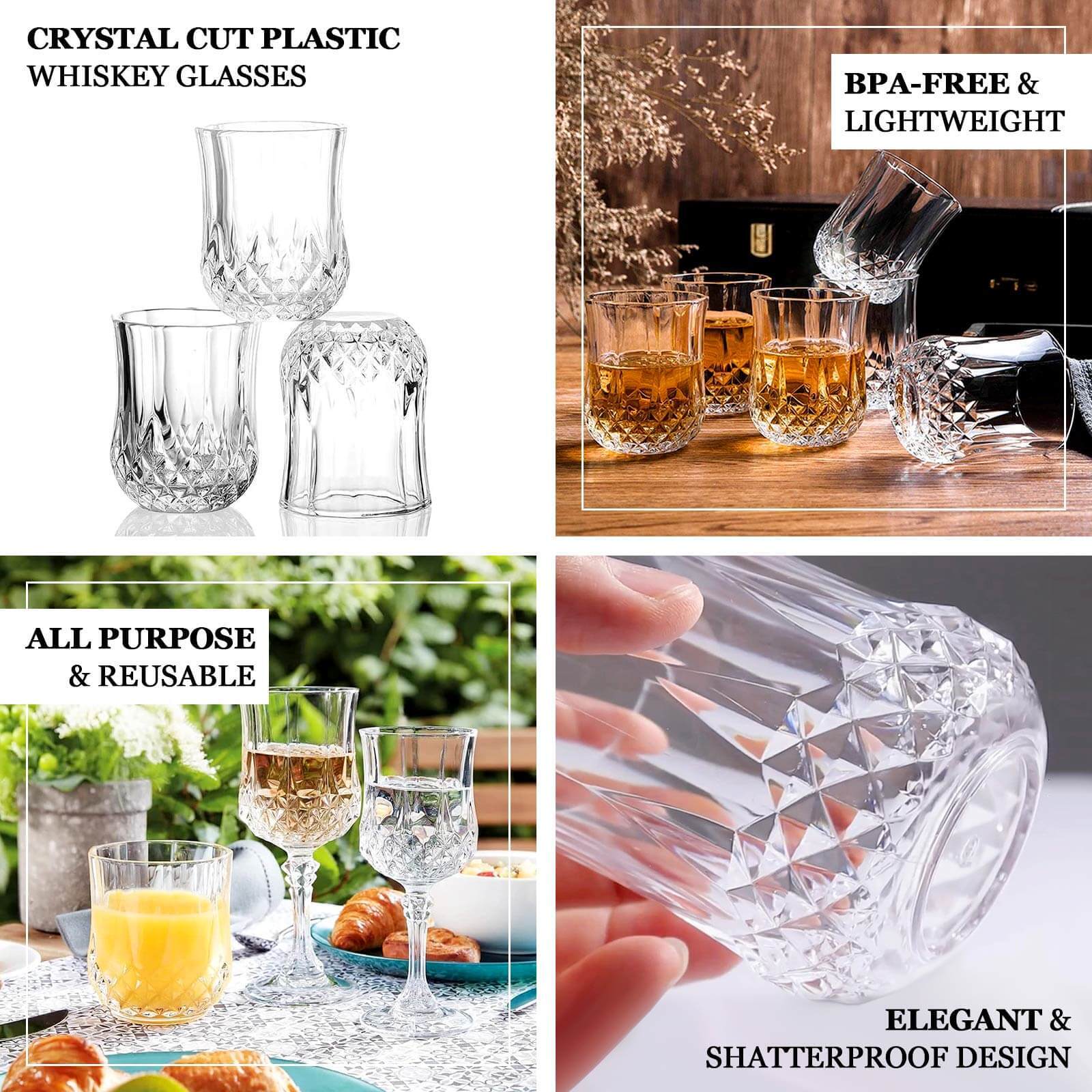 Clear crystal cut plastic stemless wine glasses, shatterproof and reusable.