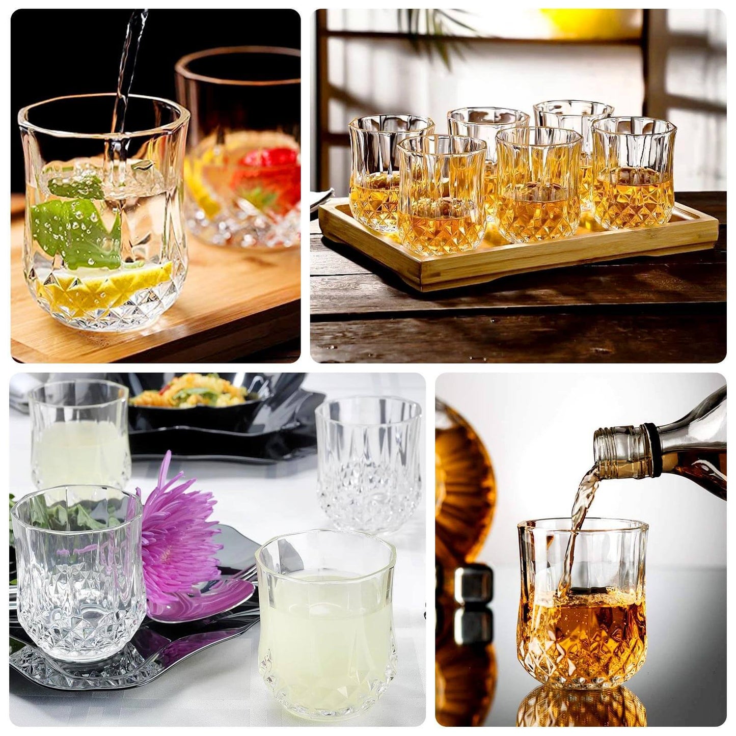 Clear crystal cut plastic stemless wine glasses on a wooden tray with drinks.