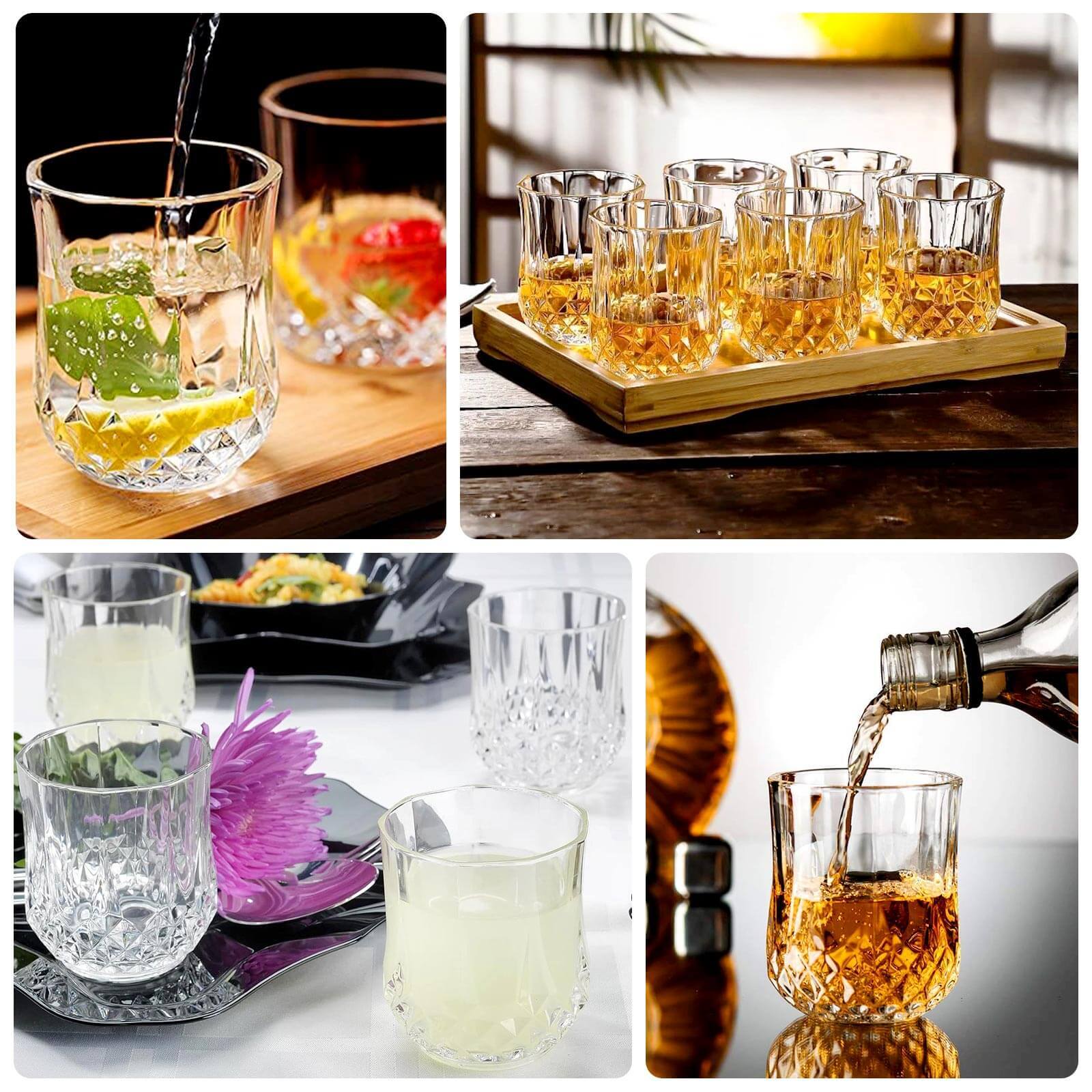 Clear crystal cut plastic stemless wine glasses on a wooden tray with drinks.