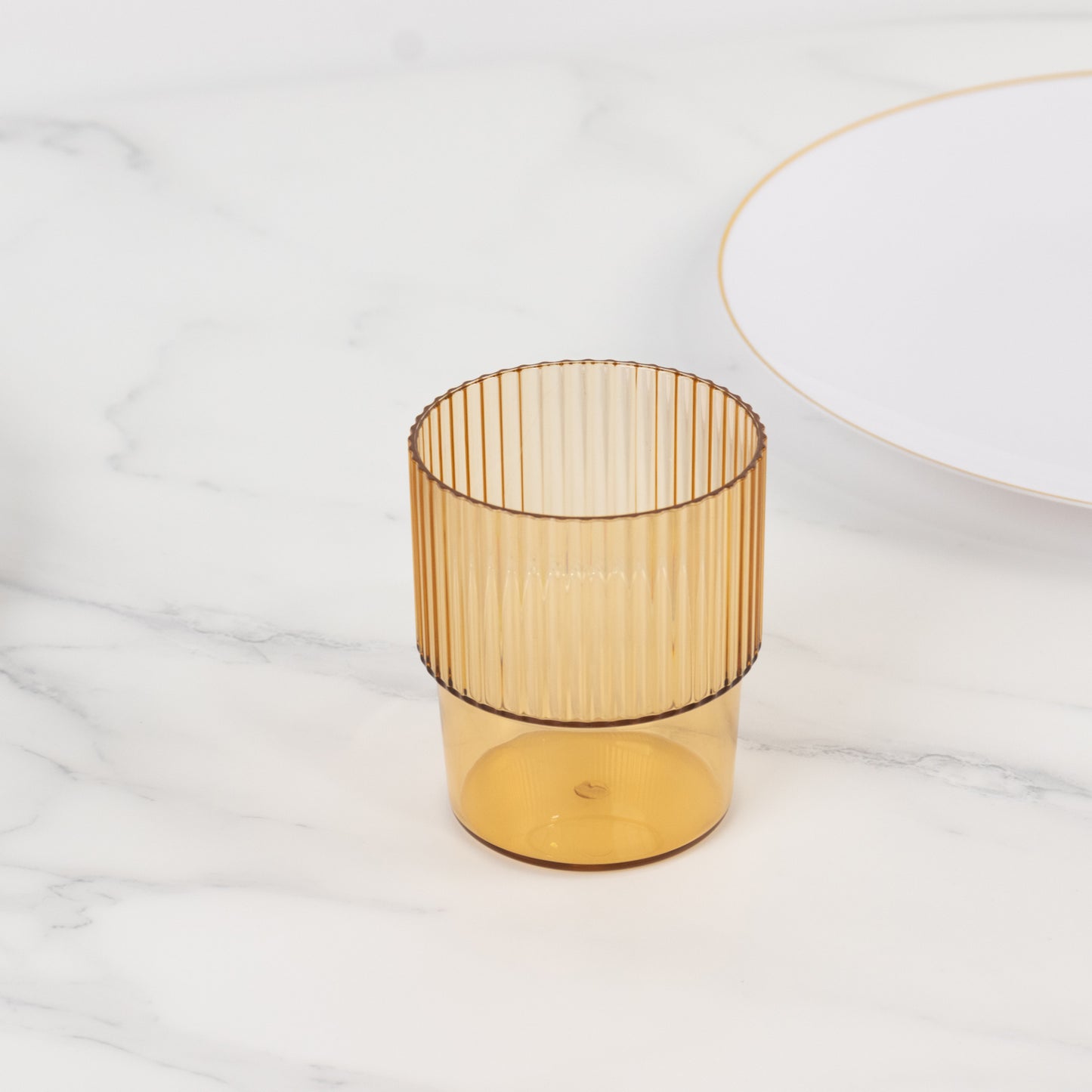 12 Pack Amber Gold Stackable Ribbed Reusable Plastic Tumblers, 7oz Shatterproof Short Drinking Glasses