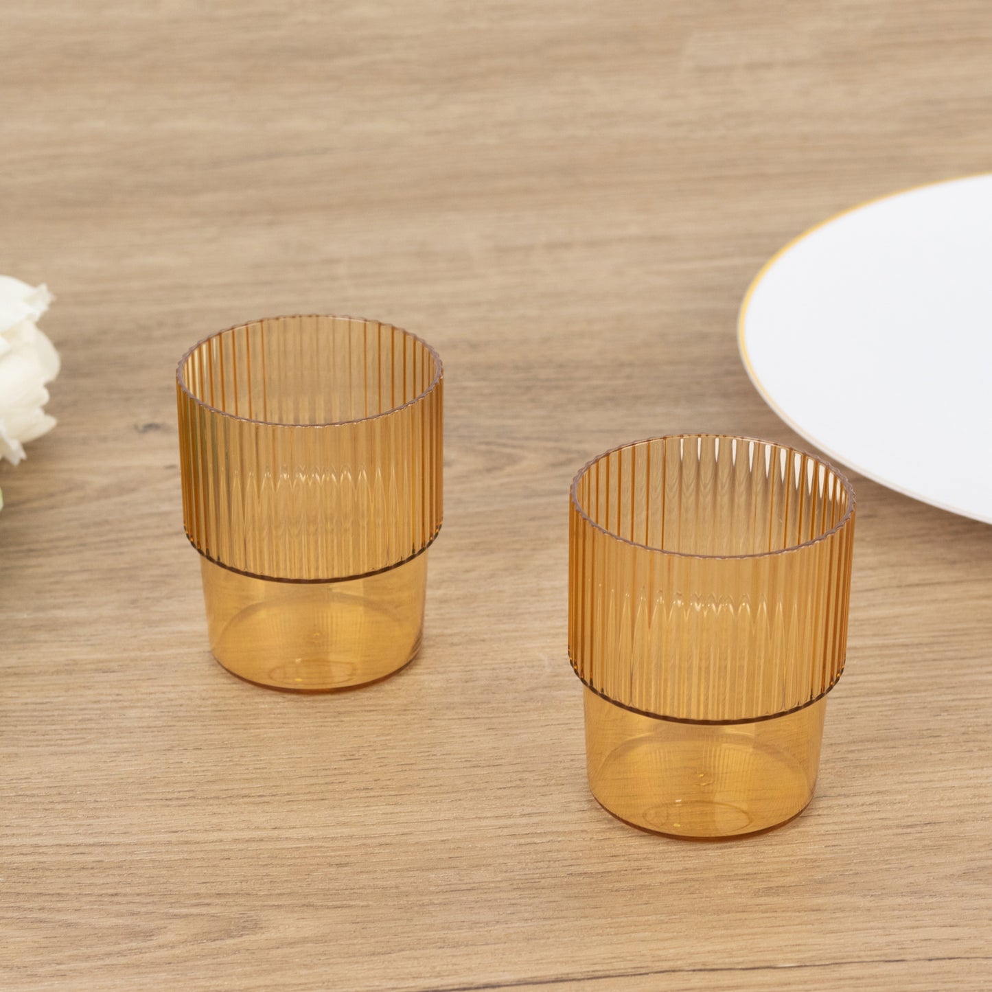 12 Pack Amber Gold Stackable Ribbed Reusable Plastic Tumblers, 7oz Shatterproof Short Drinking Glasses