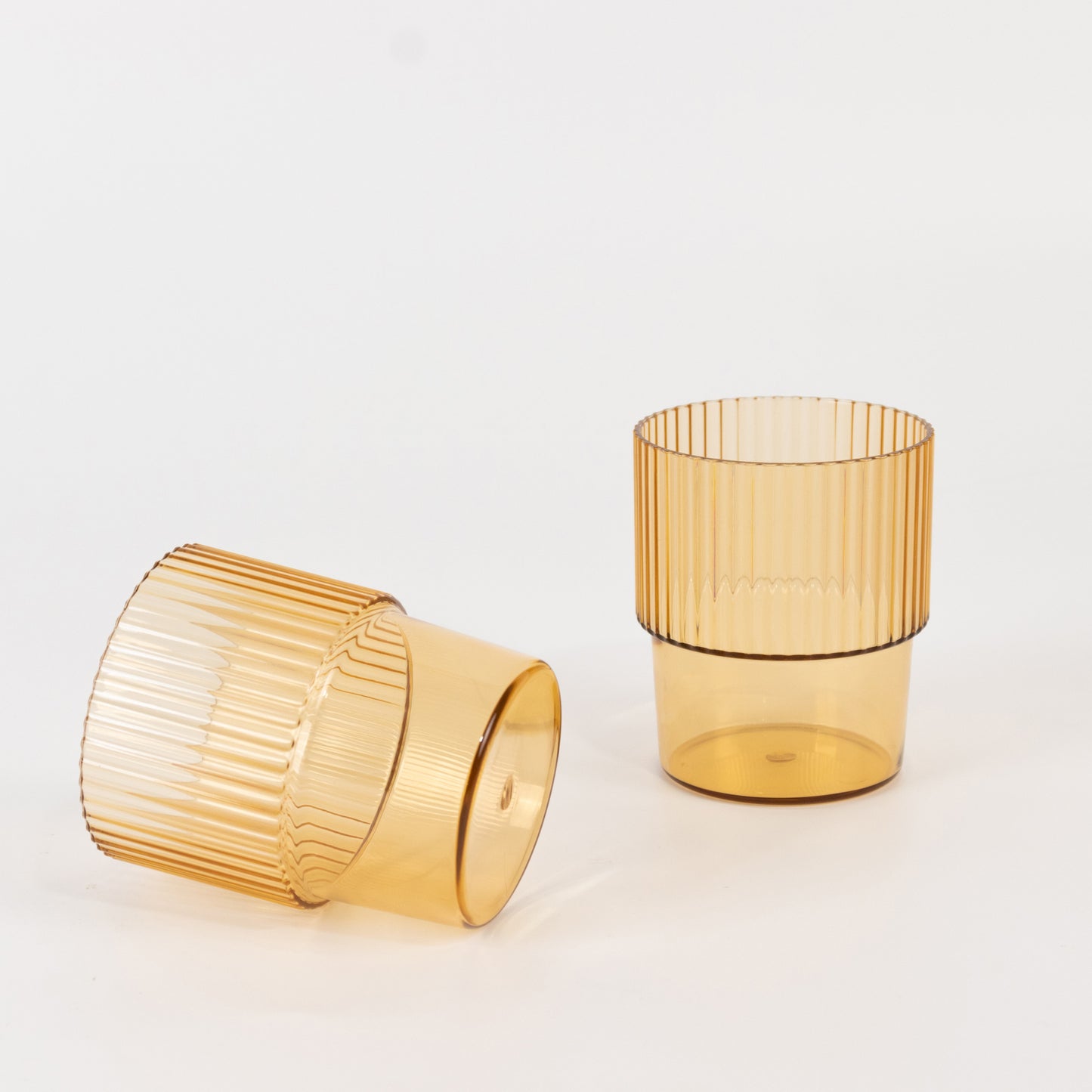 12 Pack Amber Gold Stackable Ribbed Reusable Plastic Tumblers, 7oz Shatterproof Short Drinking Glasses