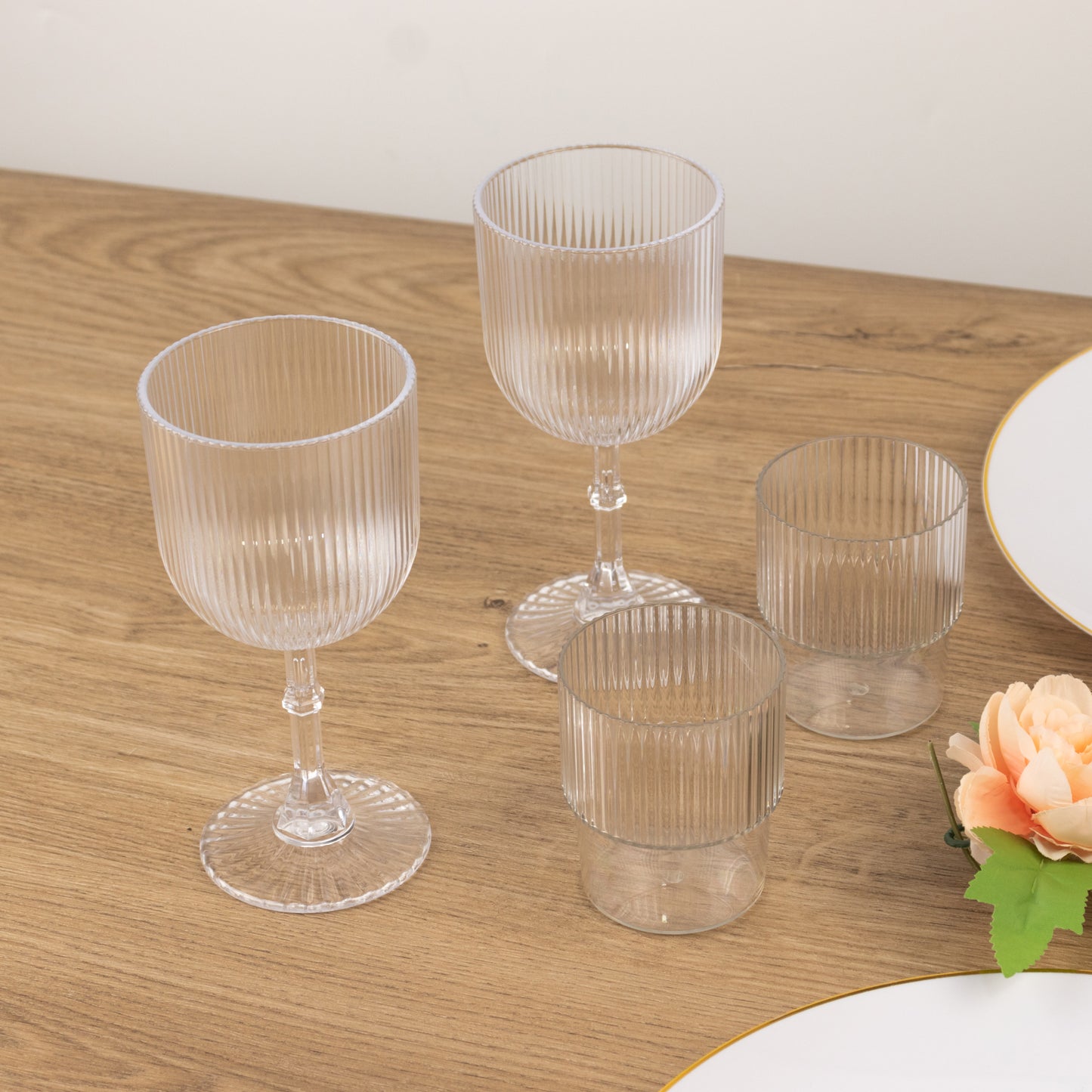 12 Pack Clear Stackable Ribbed Reusable Plastic Tumblers, 7oz Shatterproof Short Drinking Glasses